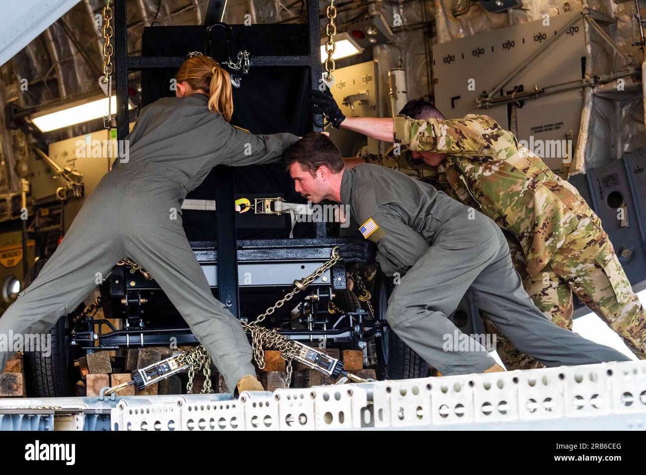 Germany. 1st June, 2023. U.S. Airmen, loadmasters with the 105th Airlift Wing, New York National Guard, reposition cargo to be off-loaded in preparation for exercise Air Defender 2023 (AD23) at Wunstorf Air Base, Germany, June 1, 2023. Exercise AD23 integrates both U.S and allied air-power to defend shared values, while leveraging and strengthening vital partnerships to deter aggression around the world. Credit: U.S. National Guard/ZUMA Press Wire/ZUMAPRESS.com/Alamy Live News Stock Photo