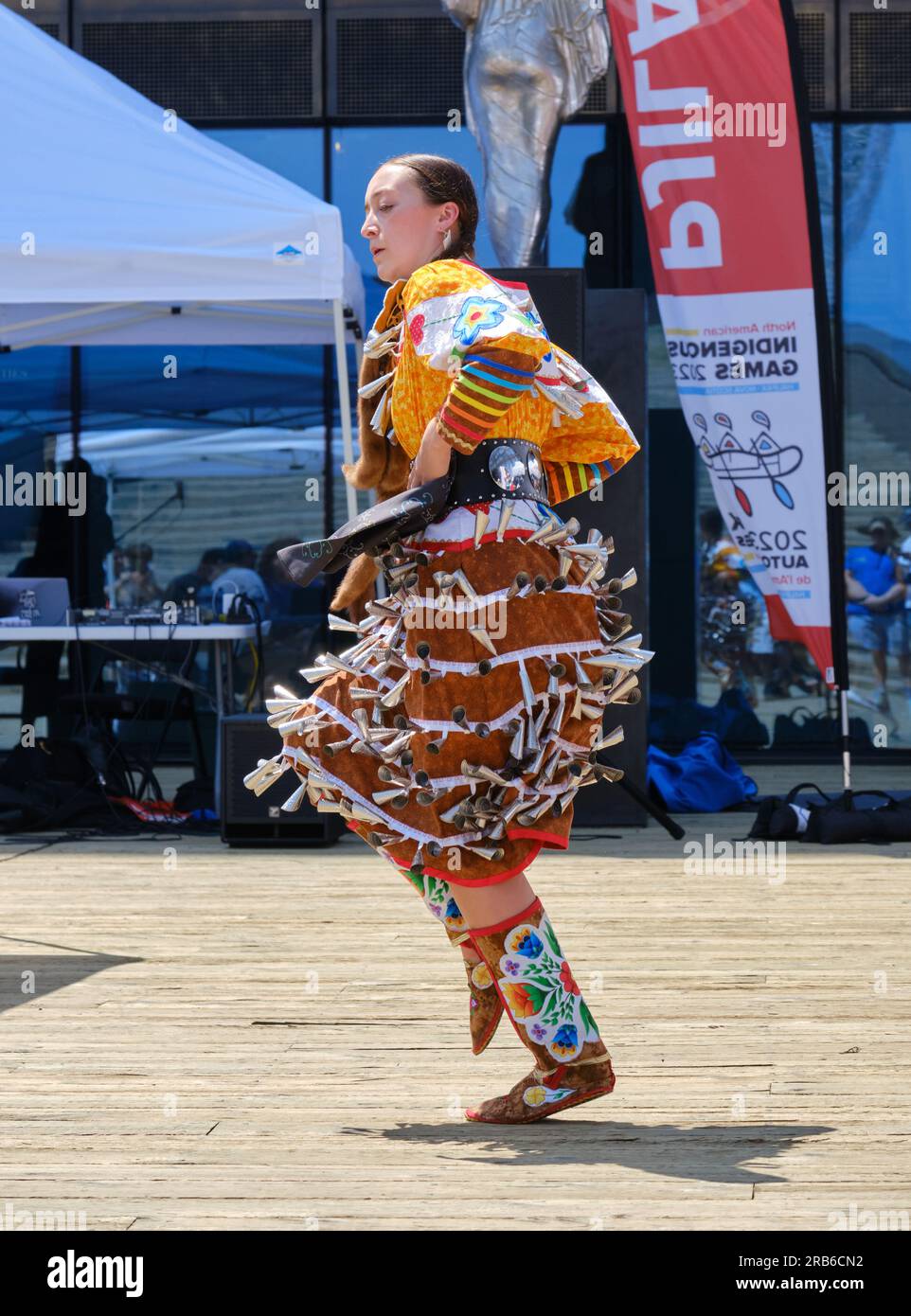 Halifax, Canada. July 2023. Indigenous dancers in costumes performing a