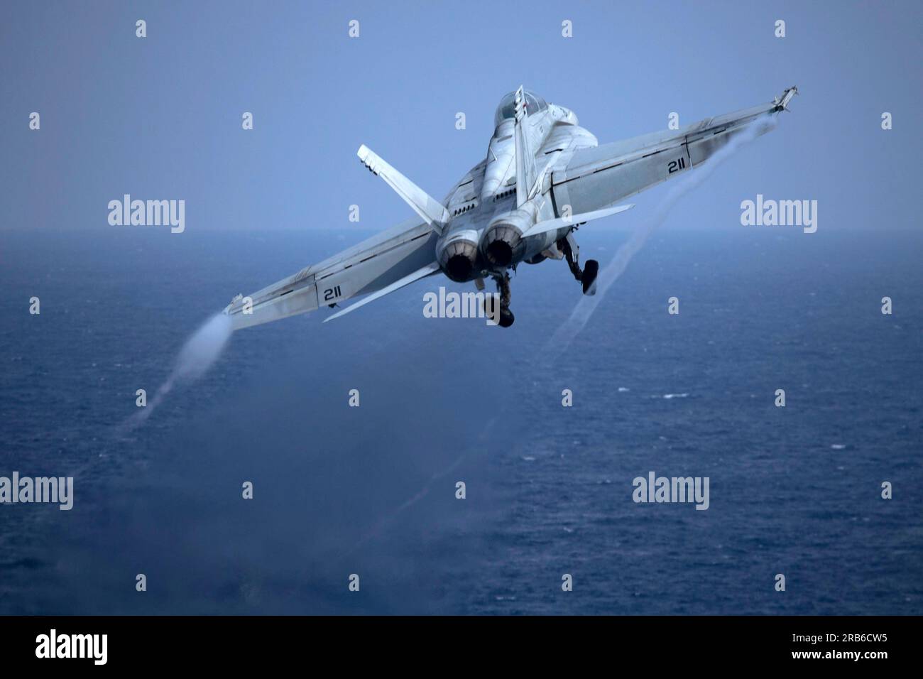 Mediterranean Sea, International Waters. 01 July, 2023. A U.S. Navy F/A-18F Super Hornet fighter jet, attached to the Blacklions of Strike Fighter Squadron 213, launches from the flight deck aboard the Nimitz-class aircraft carrier USS Gerald R. Ford operating on the Mediterranean Sea, July 1, 2023 off the coast of Italy.  Credit: MC2 Nolan Pennington/U.S. Navy Photo/Alamy Live News Stock Photo