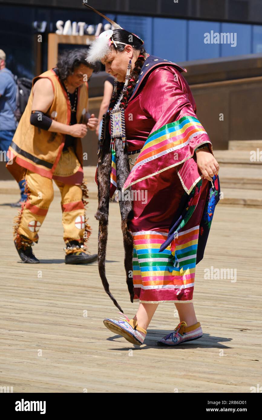 Halifax, Canada. July 2023. Indigenous dancers in costumes performing a