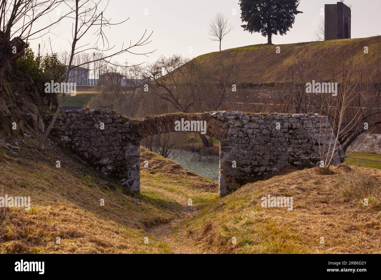 View of the Stone arch of the Ramparts of Palmanova, italy Stock Photo