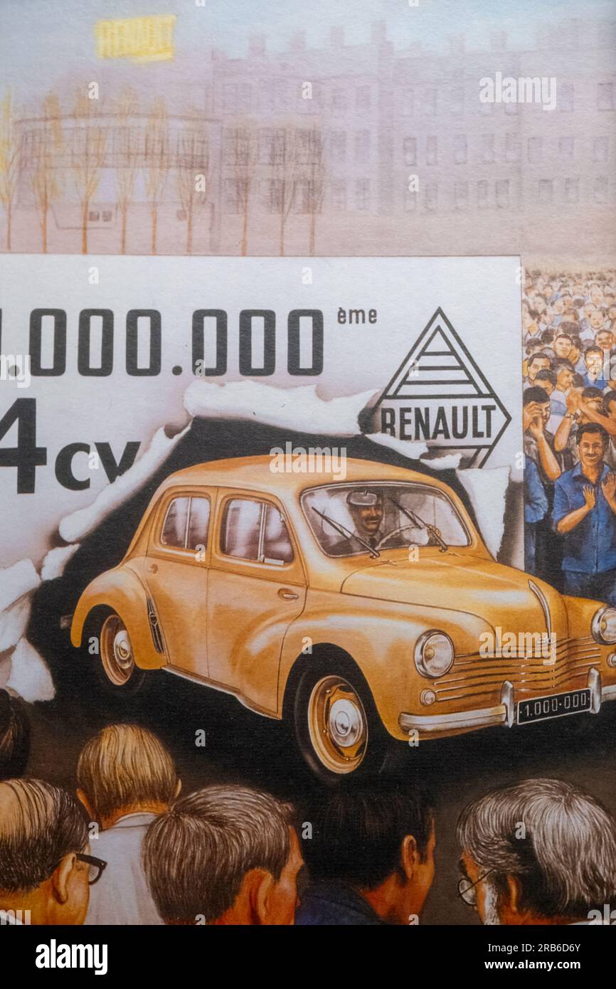 19 April 2023 Paris, France. Photo of a hand-drawn poster for a Renault 4cv showing a yellow Renault breaking through a paper banner while crowds of Stock Photo
