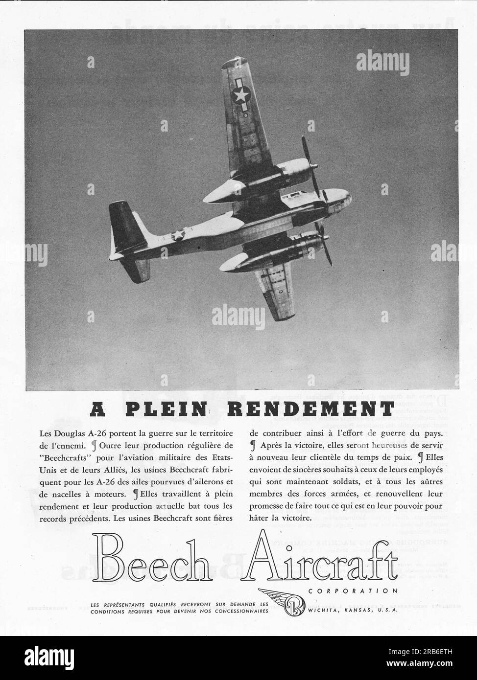 Douglas A-26 Invader, Beech Aircraft Corporation, Beechcraft jets advert in a French magazine 1946 Stock Photo