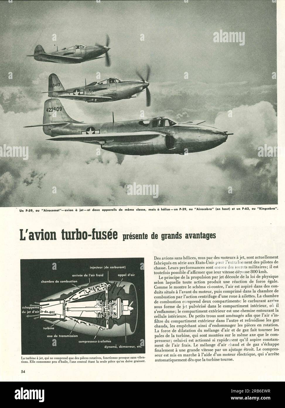 Turbo rocket planes. The article on Bell P-59, P-39, P-63  Airacomet American jets designed by Bell Aircraft during World War II. French magazine 1946 Stock Photo