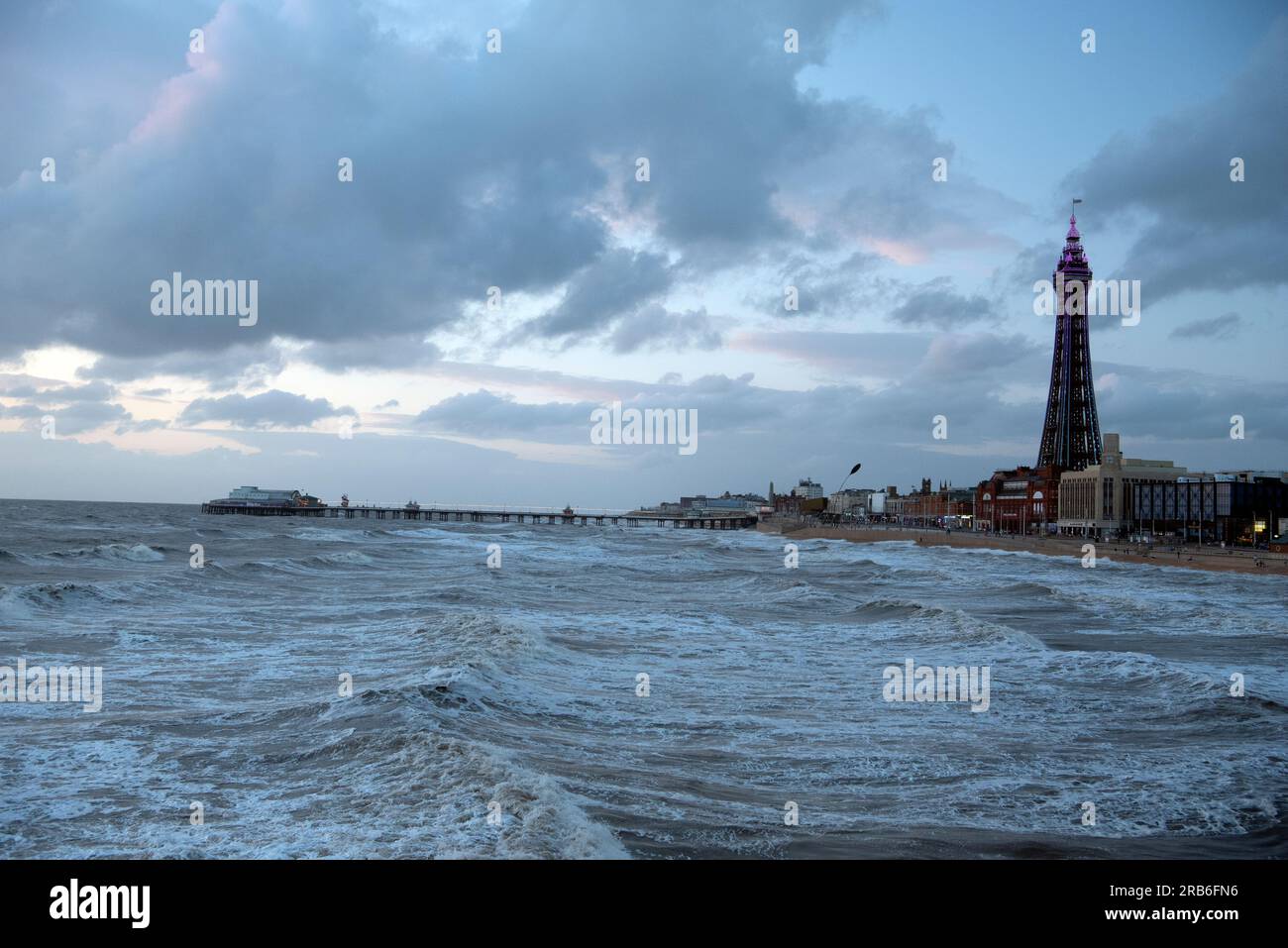 Blackpool with the tide in - view from Central Pier of the Tower and North Pier Stock Photo