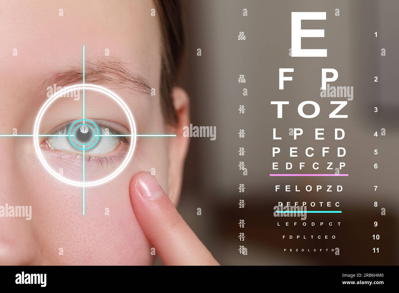 vision-test-chart-and-laser-reticle-focused-on-woman-s-eye-against