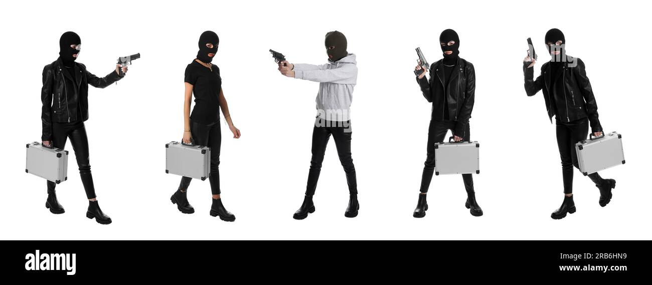 Collage with photos of woman in balaclavas on white background Stock