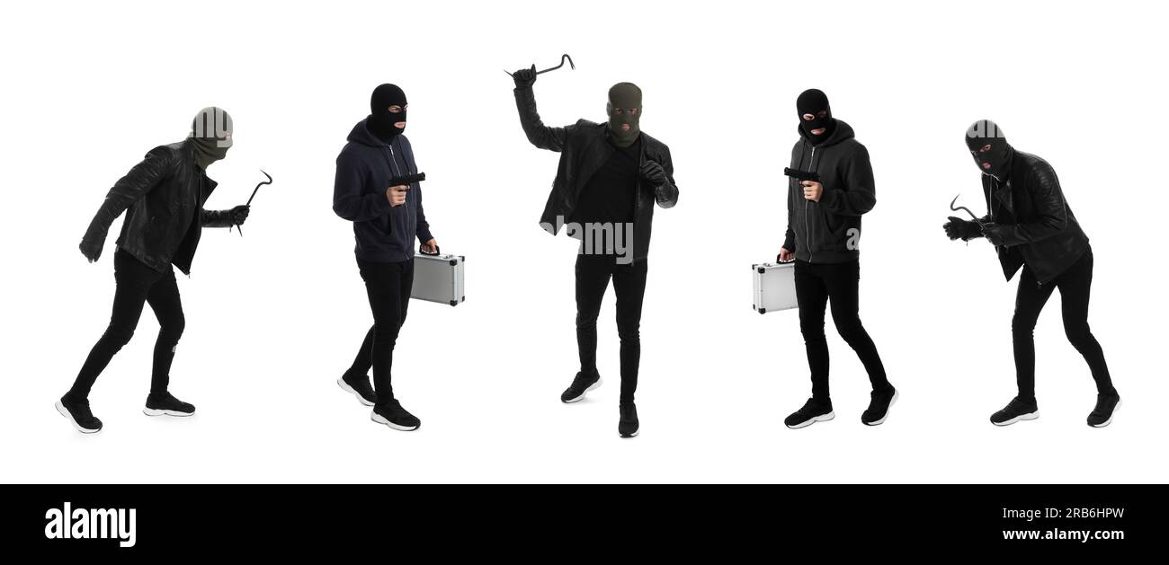 Collage with photos of man in balaclavas on white background Stock