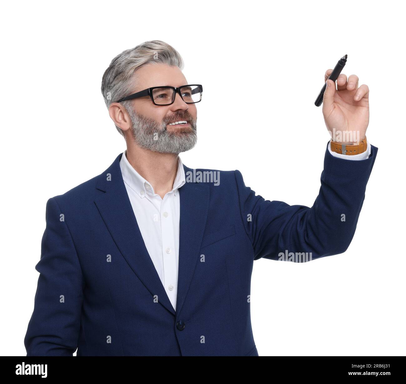 Mature businessman with marker on white background Stock Photo - Alamy