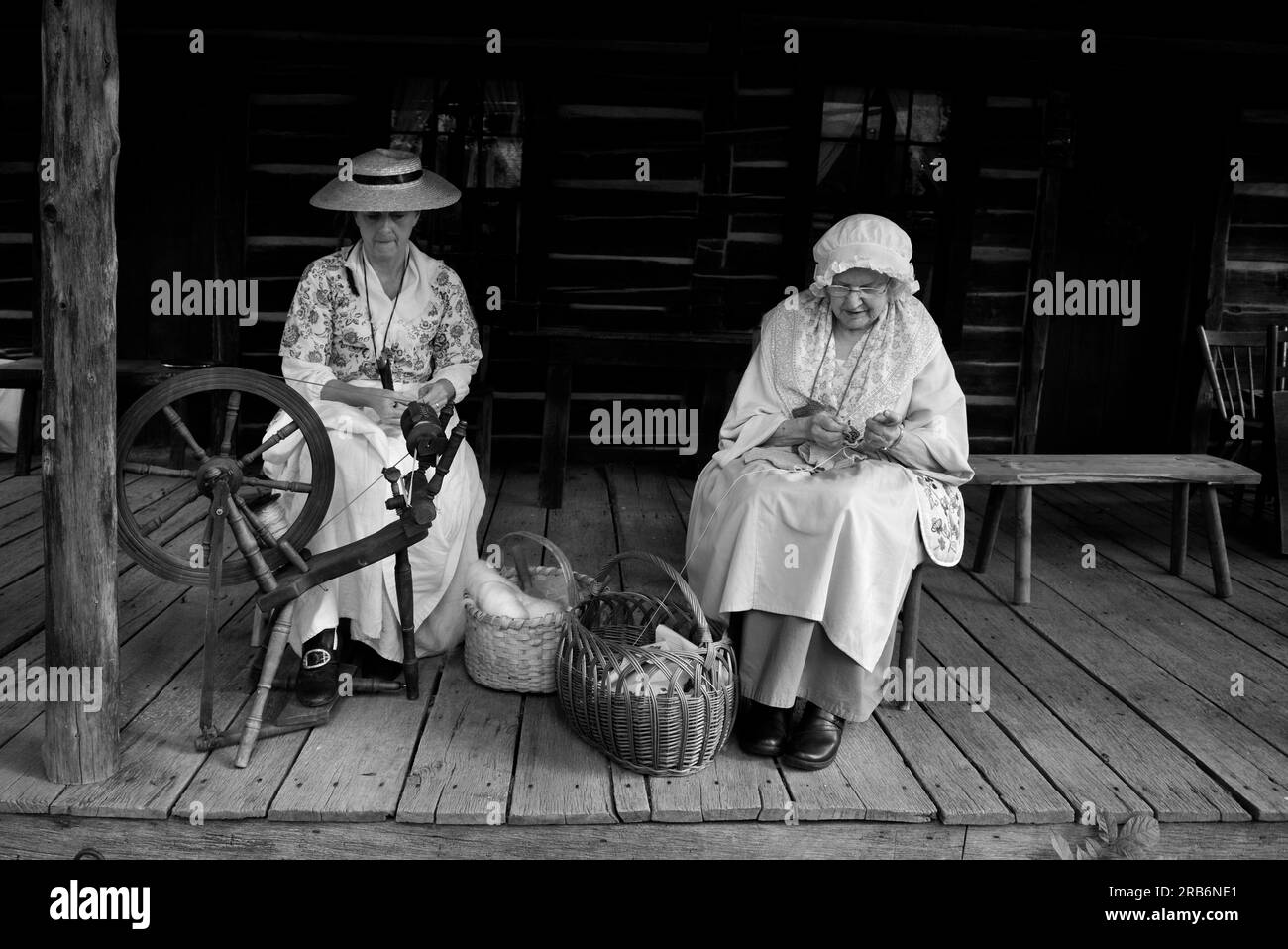 Two 19th century pioneer reenactors demonstrate early American knitting