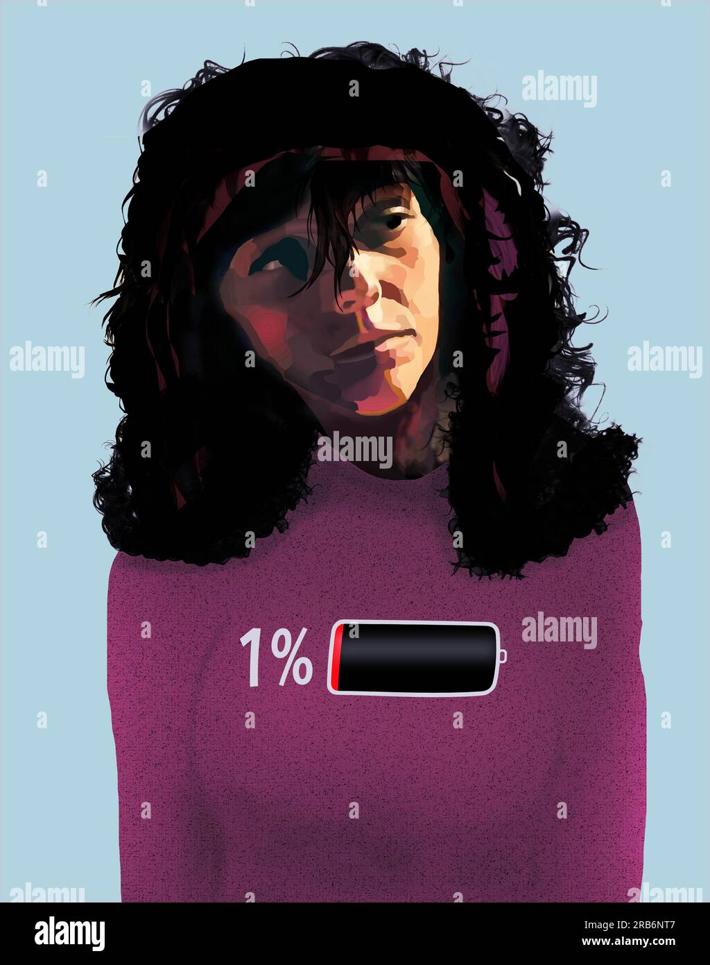A young woman is tired and worn out and wears a battery indicator icon ...