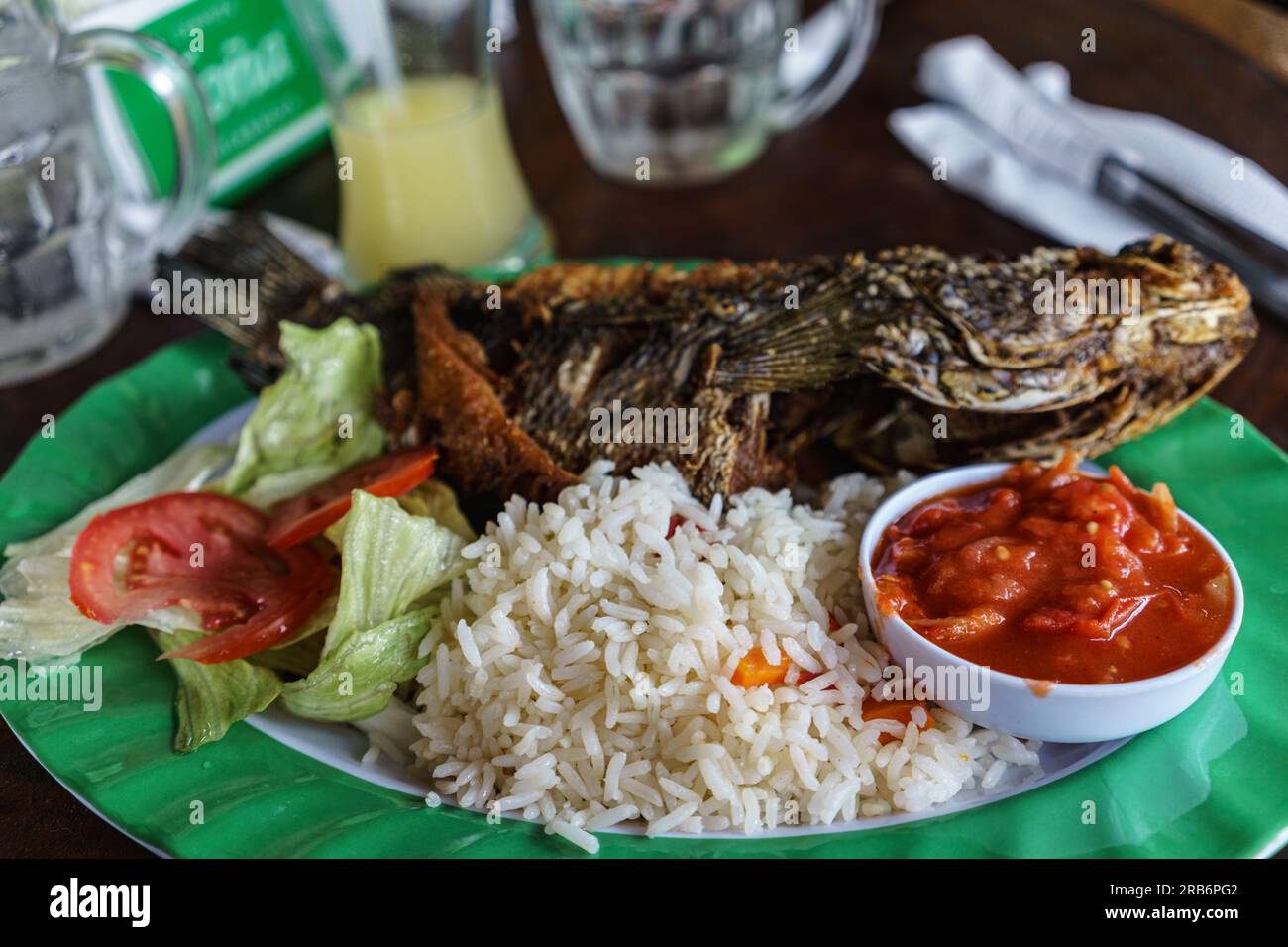 A fried guapote on a plate with tomatoes both fresh and stewed and rice.  This fish is a Jaguar Cichlid (Parachromis managuensis). Stock Photo