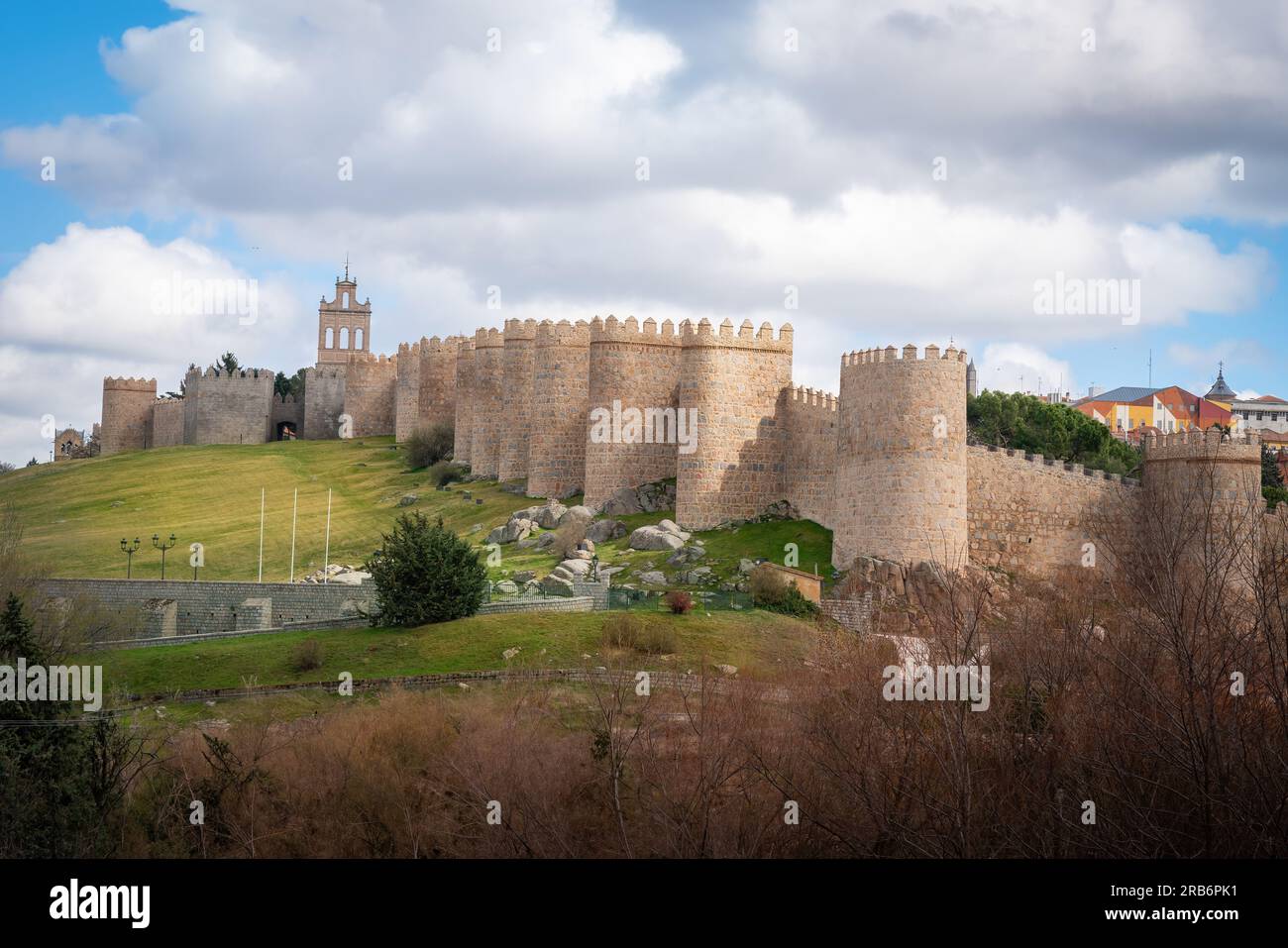 Medieval Walls of Avila and Puerta del Carmen Gate Bell Gable - Avila, Spain Stock Photo