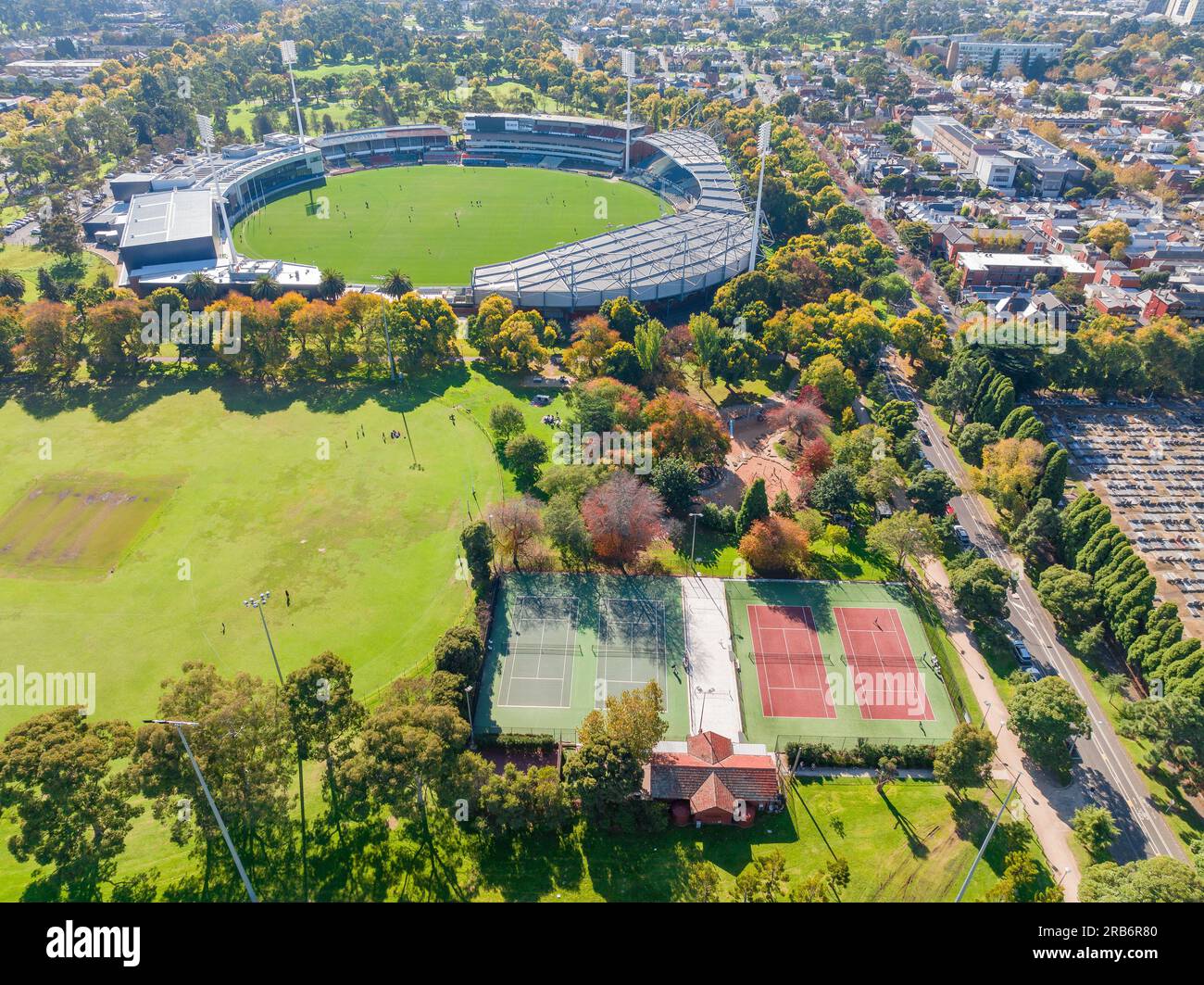 Aerial view an Aussie Rules football stadium in a recreation precinct