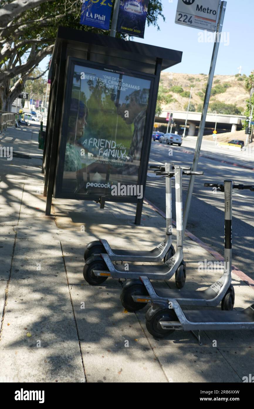 Los Angeles, California, USA 7th July 2023 Scooters on sidewalk on