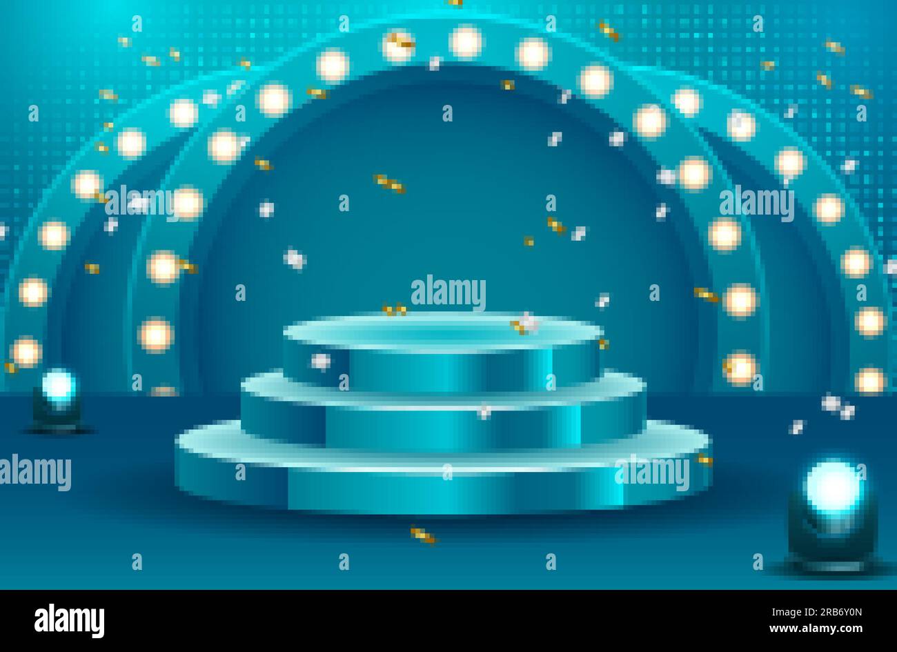 Abstract round podium with white carpet illuminated with spotlight