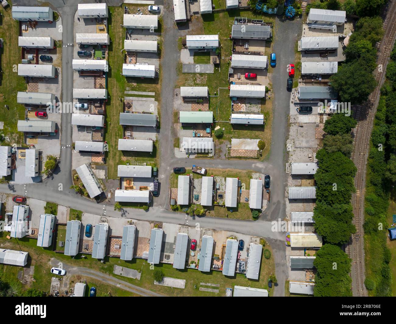 An aerial view of a static caravan park in Cornwall, UK Stock Photo