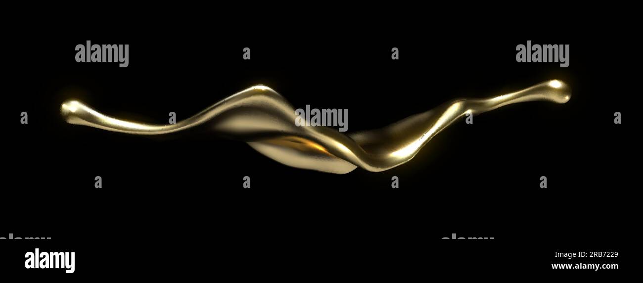 Golden liquid splash isolated on black. Vector realistic 3d