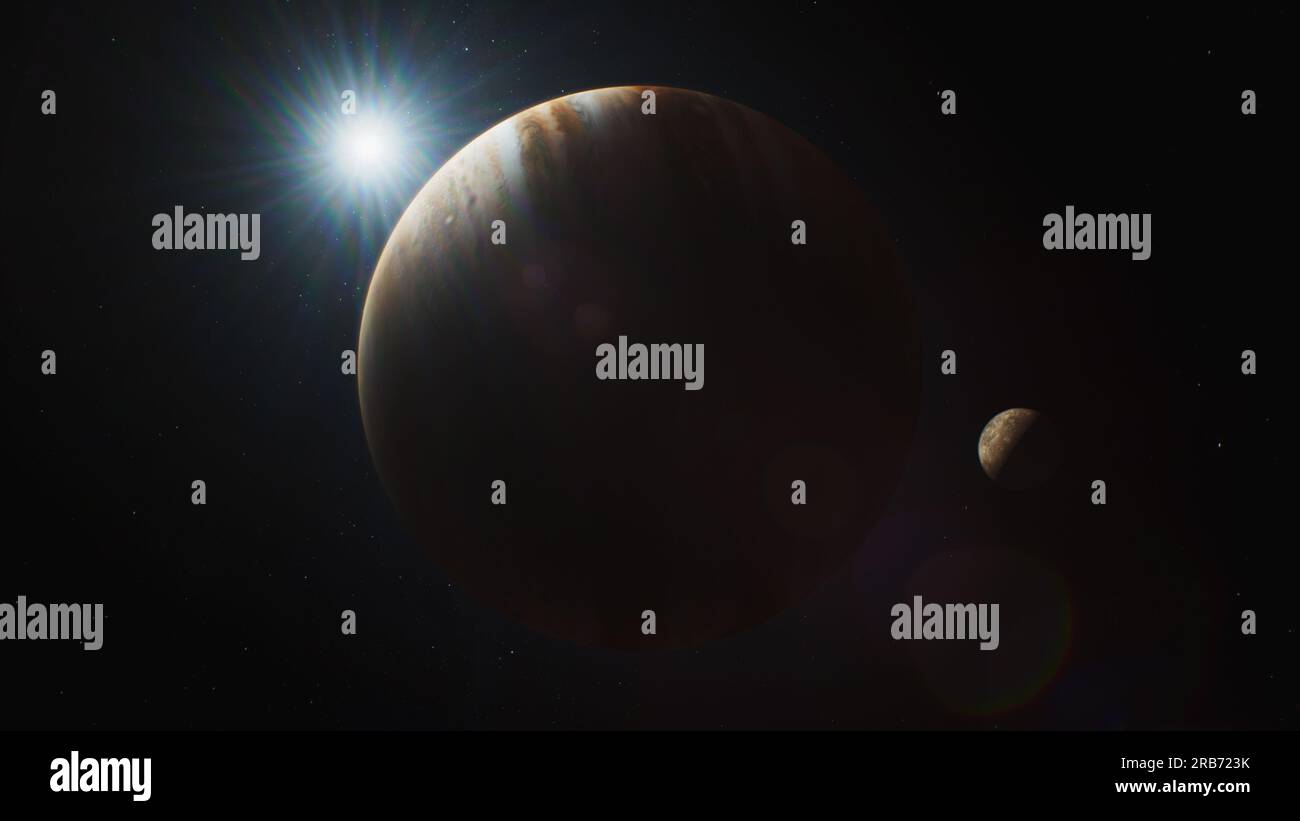 Illustration Realistic 3D animation of Jupiter and its moon Io, Europa