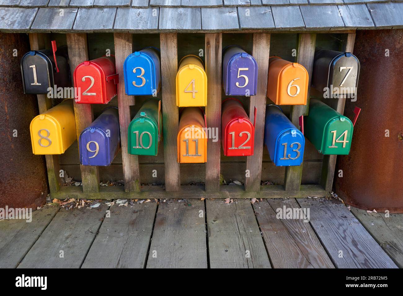 Colrful metal mailboxes Sea Village on Granville Island, Vancouver, BC, Canada Stock Photo