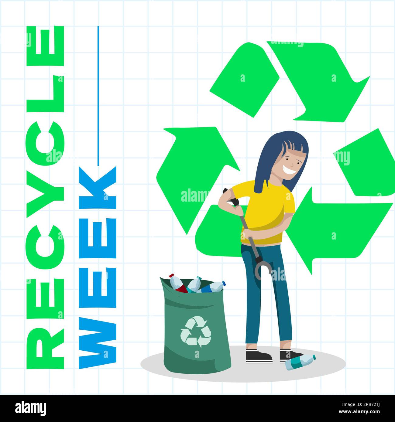 Recycle week text with recycling symbol and biracial woman collecting