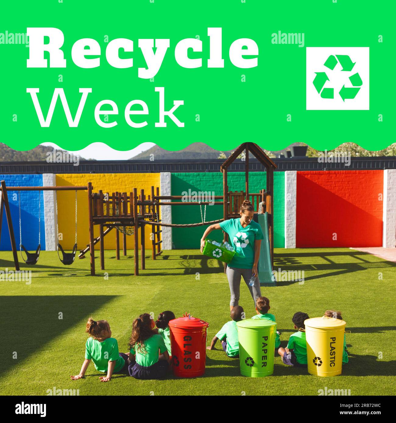 Recycle week text and logo over diverse female teacher telling