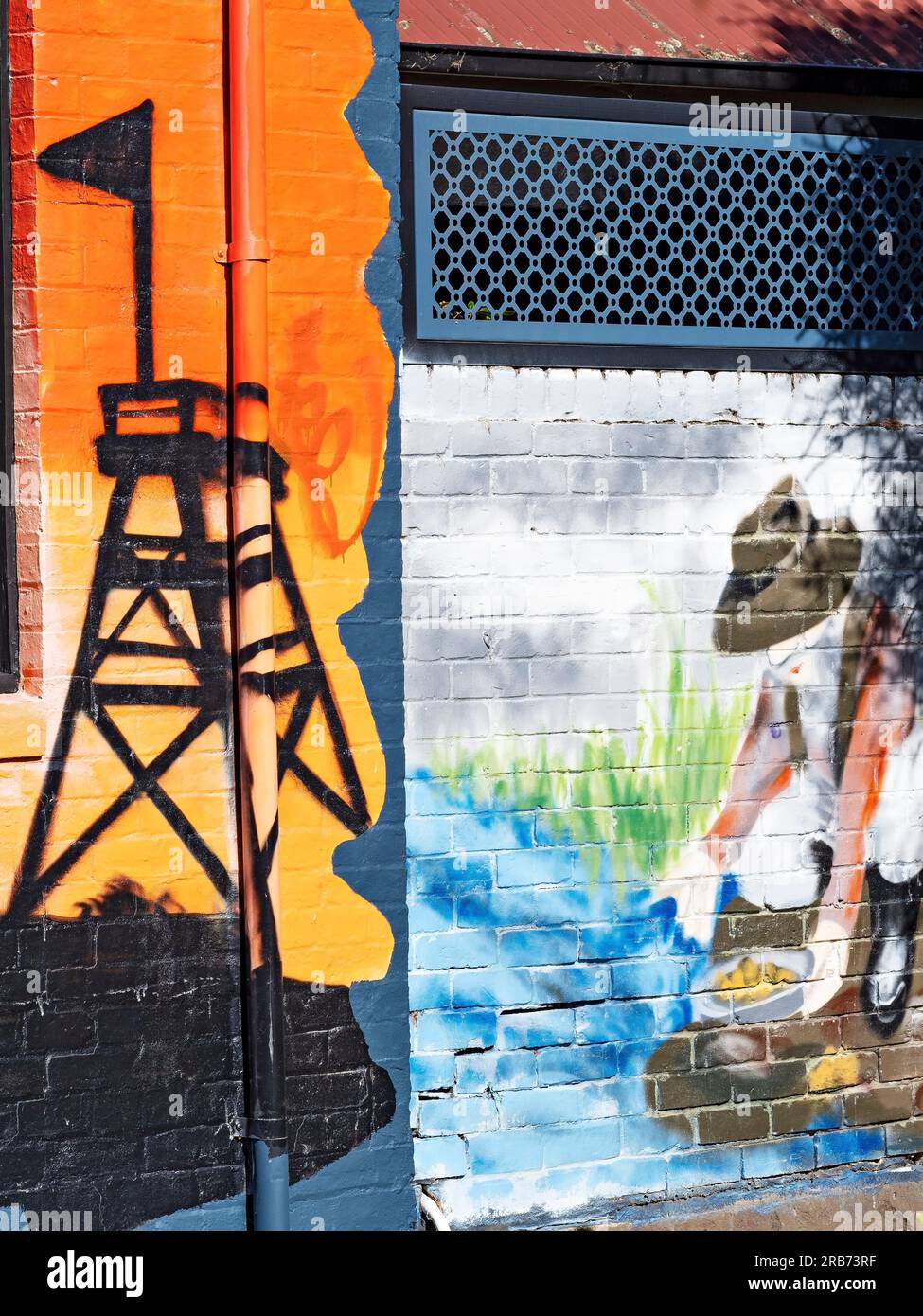 Ballarat Australia /  A Gold Rush inspired mural painted on an exterior wall. Stock Photo