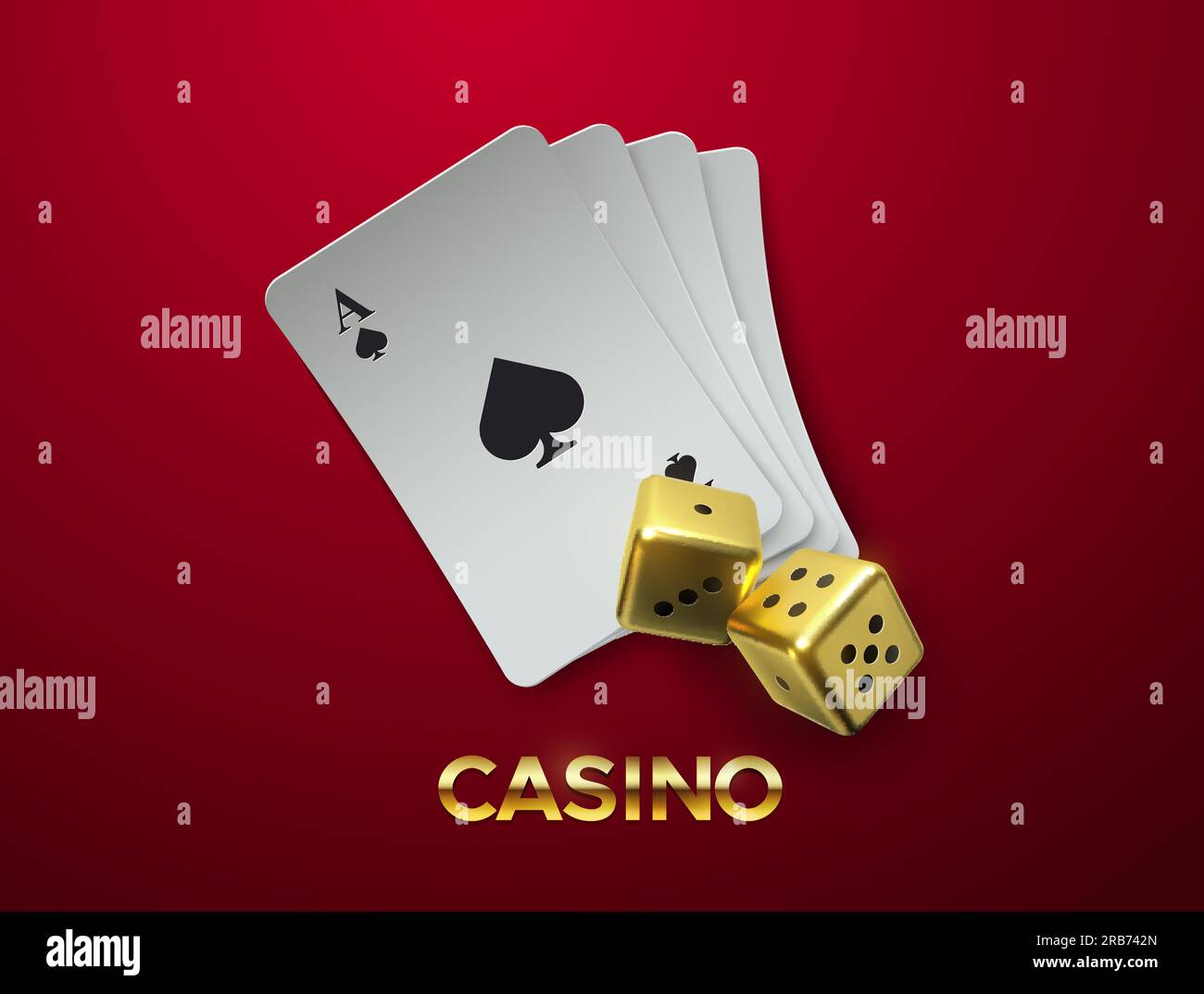 Casino concept of golden dices and playing cards stack isolated on red background Stock Vector
