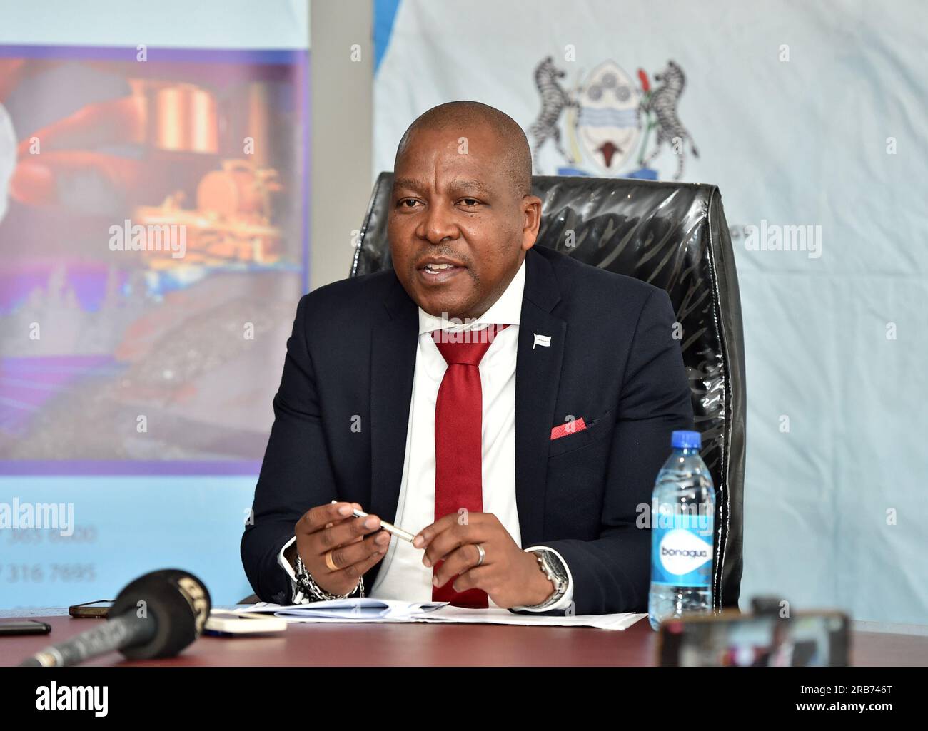 Gaborone, Gaborone. 6th July, 2023. Botswana's Minister of Minerals and Energy Lefoko Moagi addresses the media on the new agreement between the Botswanan government and De Beers, the world's leading diamond company, in Gaborone, Botswana on July 6, 2023. Botswana, one of the world's leading diamond producers, vows to expand its involvement in the industry's value chain to promote more businesses and create more jobs in the country, a senior official has said. TO GO WITH 'Botswana eyes for greater share in diamond value chain' Credit: Tshekiso Tebalo/Xinhua/Alamy Live News Stock Photo