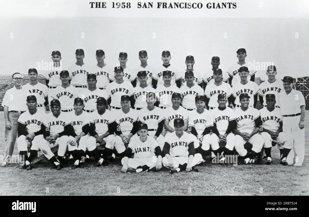 San Francisco, California.  1958 The new San Francisco Giants pose for their first team portrait at Seals Stadium after moving across the country from Brooklyn. Seated in front: Batboys Roy McKercher and Frank Iverlich First Row: Felipe Alou, Willie Mays, Jim Davenport, Willie Kirkland, Coach Wes Westrum, Manager Bill Rigney, Coach Herman Franks, Coach Salty Parker, Ruben Gomez, Orlando Cepada, Bill White. Second Row: Equipment Manager Eddie Logan, Don Johnson, Paul Giel, Nick Testa, Al Worthington, Jackie Brandt, Stu Miller, Danny O'Connell, Gordon Jones, Whitey Lockman, Daryl Spencer, Traine Stock Photo