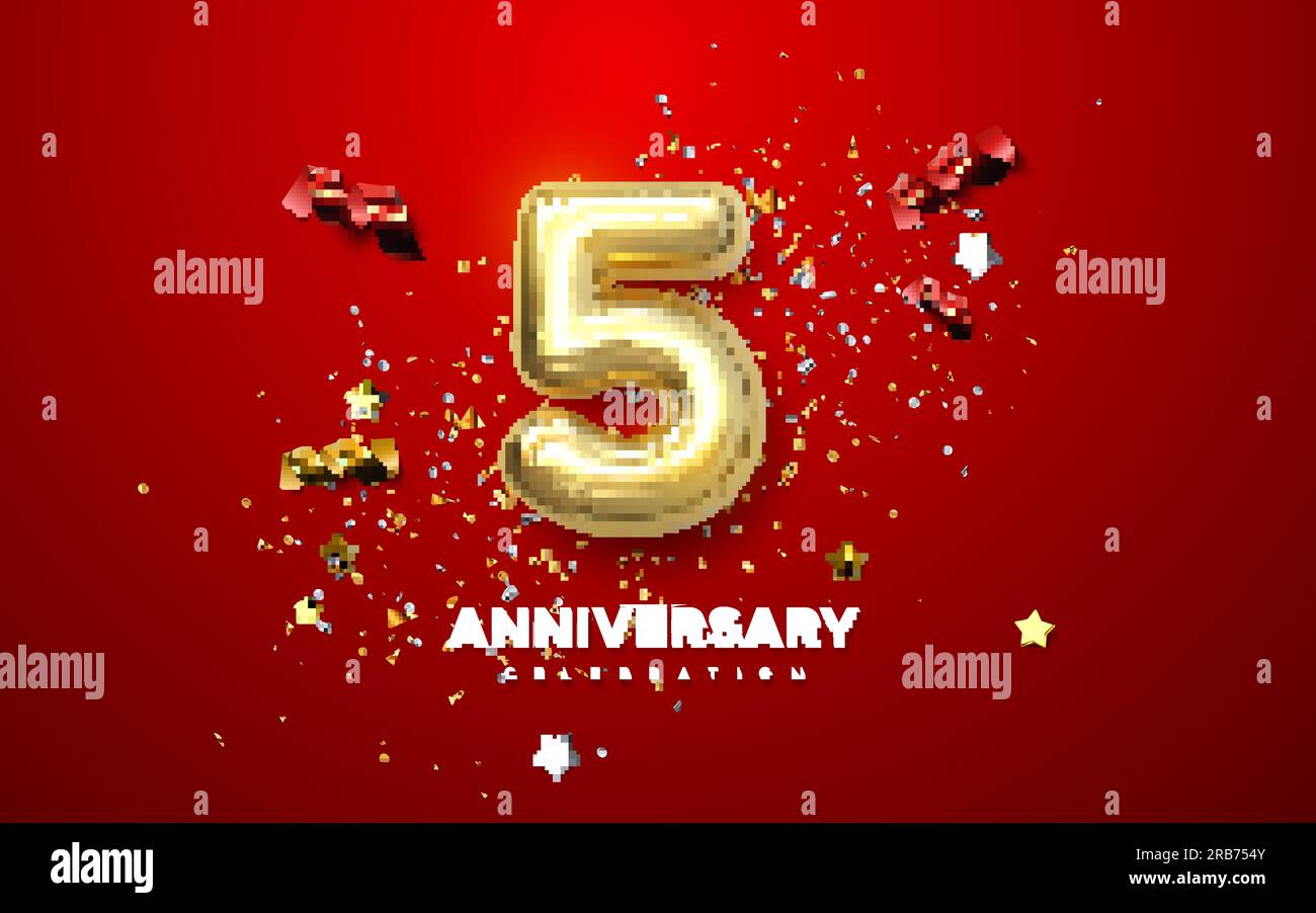 5th Anniversary Celebration Sign With Golden Number 5 And Confetti