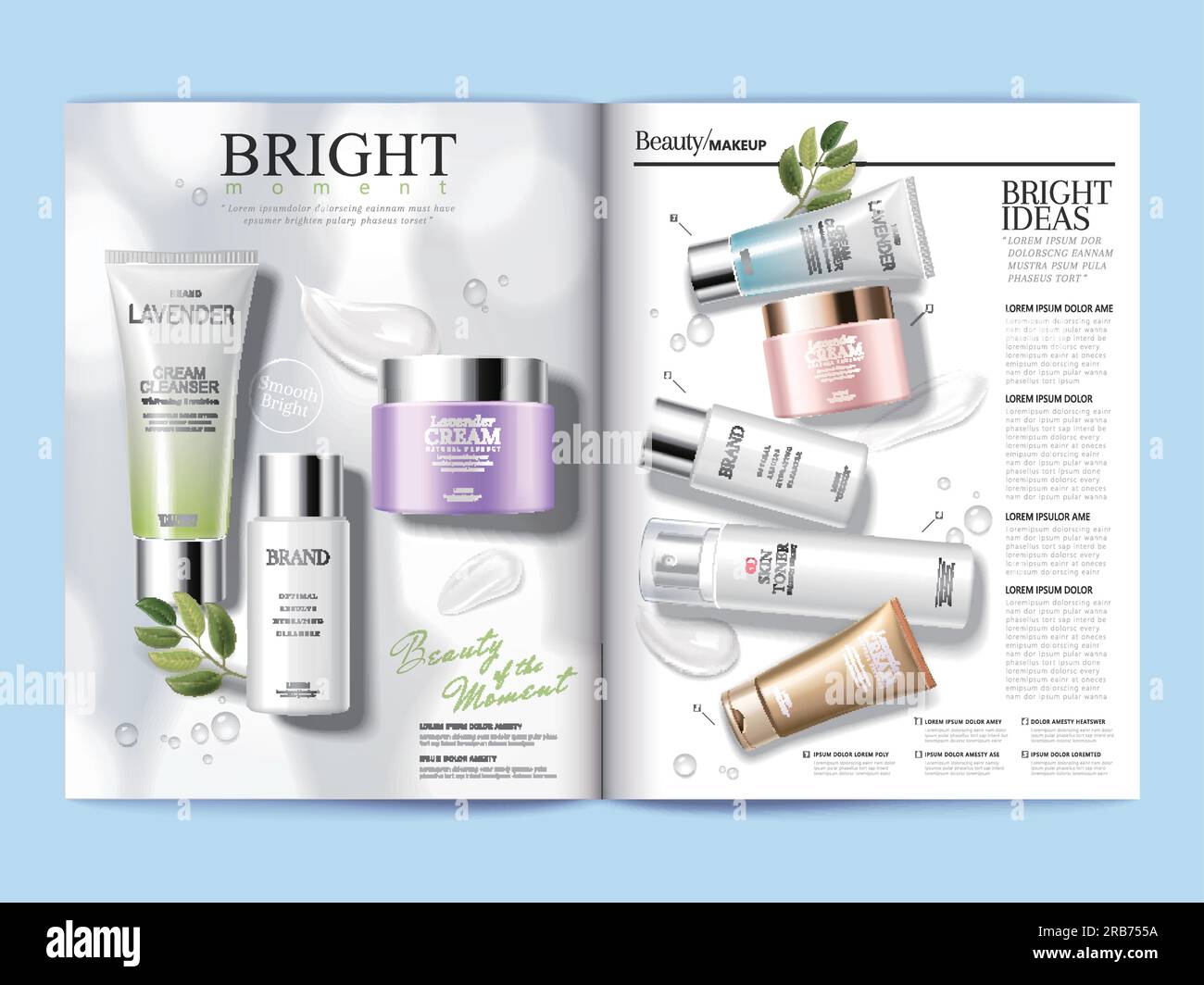 Cosmetic magazine template, refreshing skin care products with textures