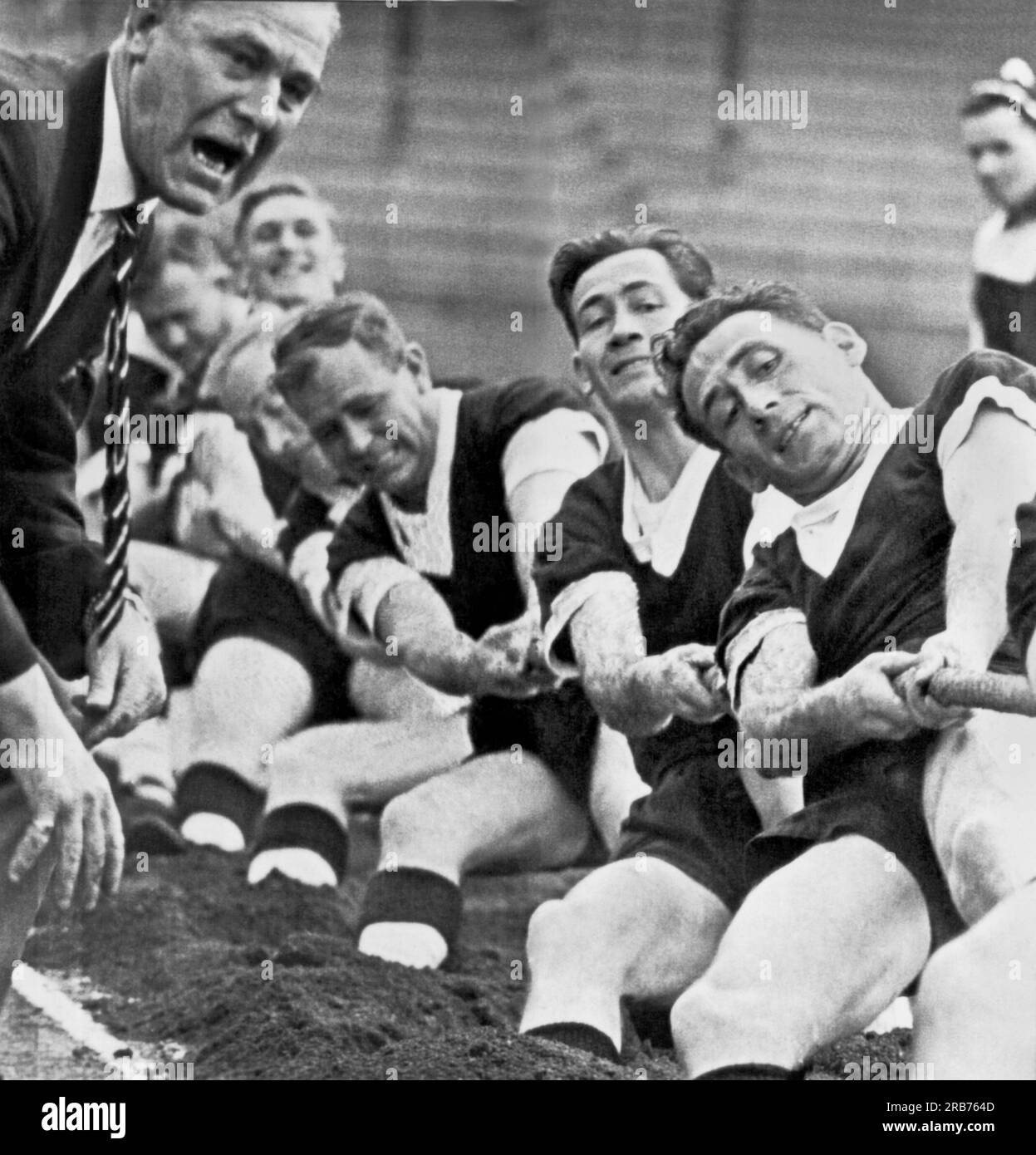 Stockholm, Sweden:  August, 1961 The British tug of war team strains as their coach yells encouragement against the Swedish team in Stockholm Stadium in the first tug of war in Sweden since 1913. The British team lost, 9-3. Stock Photo
