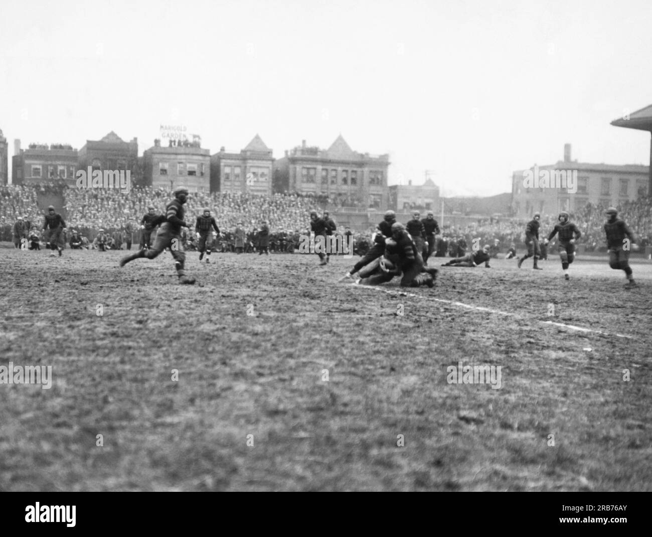 Chicago, Illinois:  November 27, 1925 Rookie Red Grange getting tackled during the first quarter at Cub's Park (later Wrigley Field) in his first professional game for the Chicago Bears, playing against their Southside rivals, the Chicago Cardinals. Grange received for his efforts the sum of $12,000 and a black eye. Stock Photo