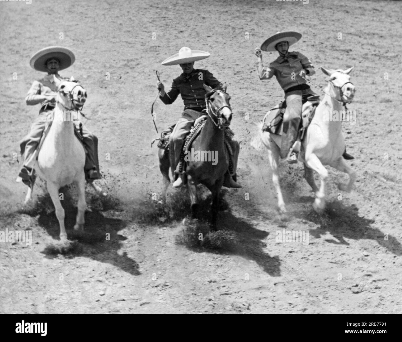 Mexico, 1951 Charros competeing in the short stop where their mounts come to a gallop and then they rein in their horses simultaneously. Stock Photo