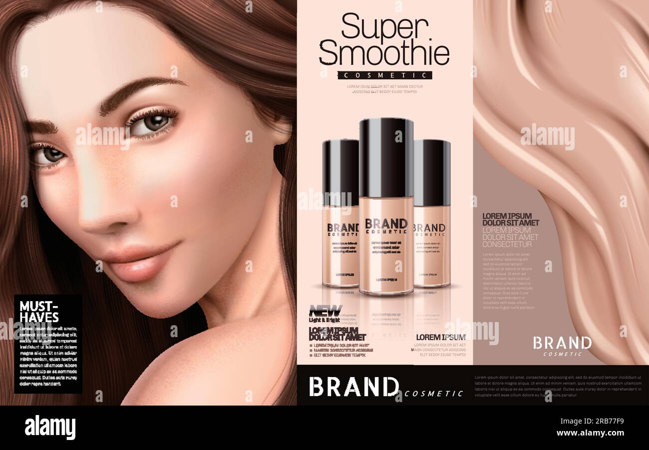 Foundation cosmetic ads, three bottles of foundation with a brunette and creamy texture, 3d illustration Stock Vector