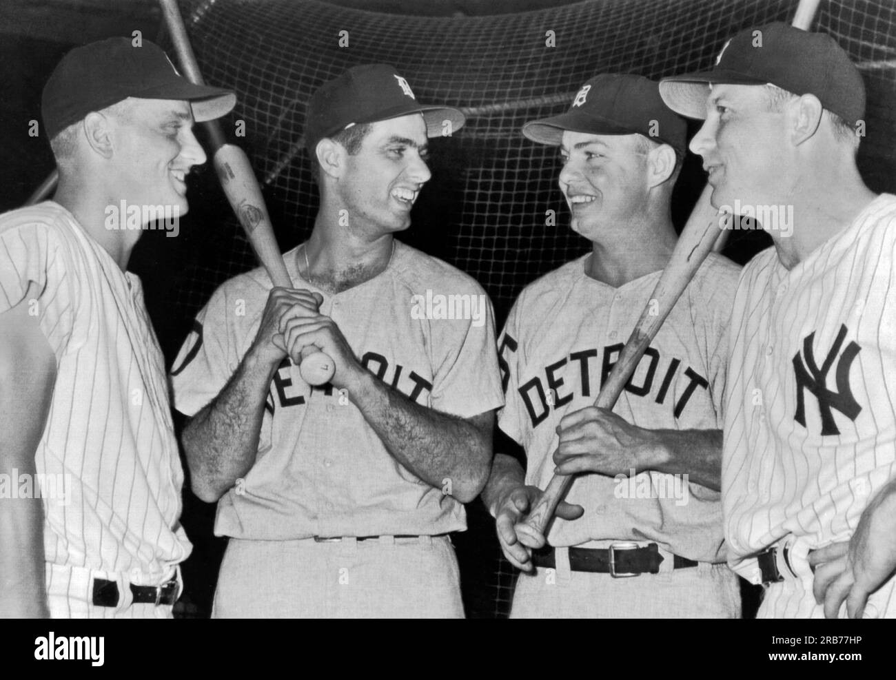 New York, New York:  September 2, 1961 New York Yankee and Detroit Tiger sluggers before game to battle for first place in the American League. L-R: Roger Maris, 51 home runs, 121 RBI; Rocky Colavito, 39 and 122; Norm Cash, 32 and 111; and Mickey Mantle, 48 and 114. Stock Photo