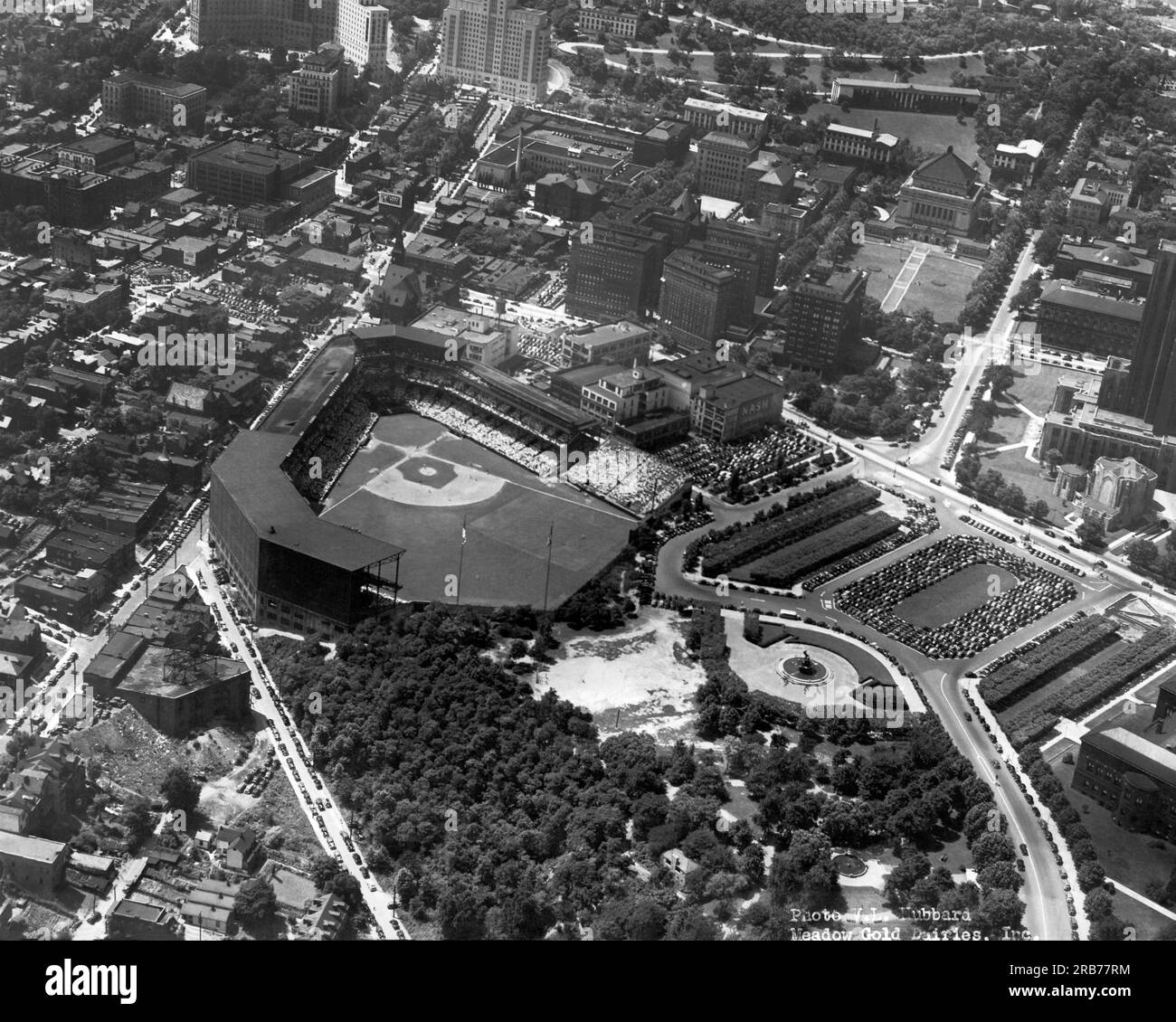 Pittsburgh, Pennsylvania:  c 1935 Aerial view of the home of the Pittsburgh Pirates professional baseball team, Forbes Field. Stock Photo