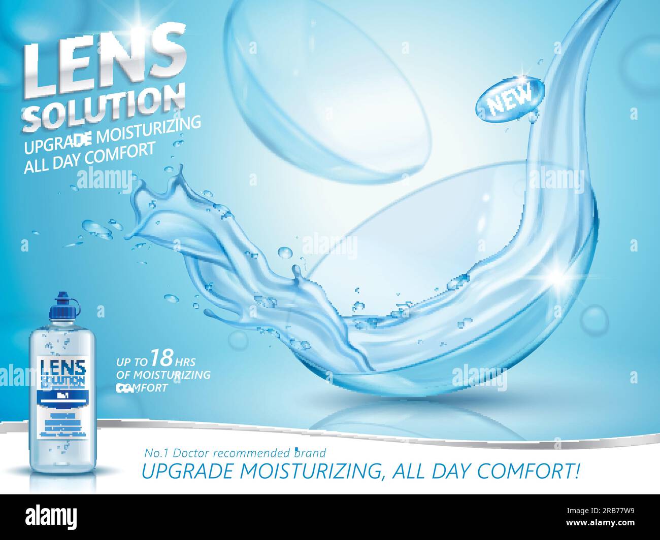 Lens solution ads, clear liquid pouring down to the eye contact and