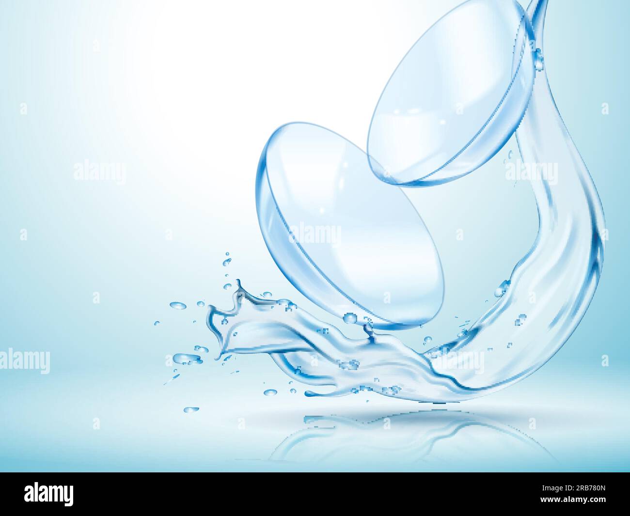Contact lenses with clear flowing water in 3d illustration isolated on