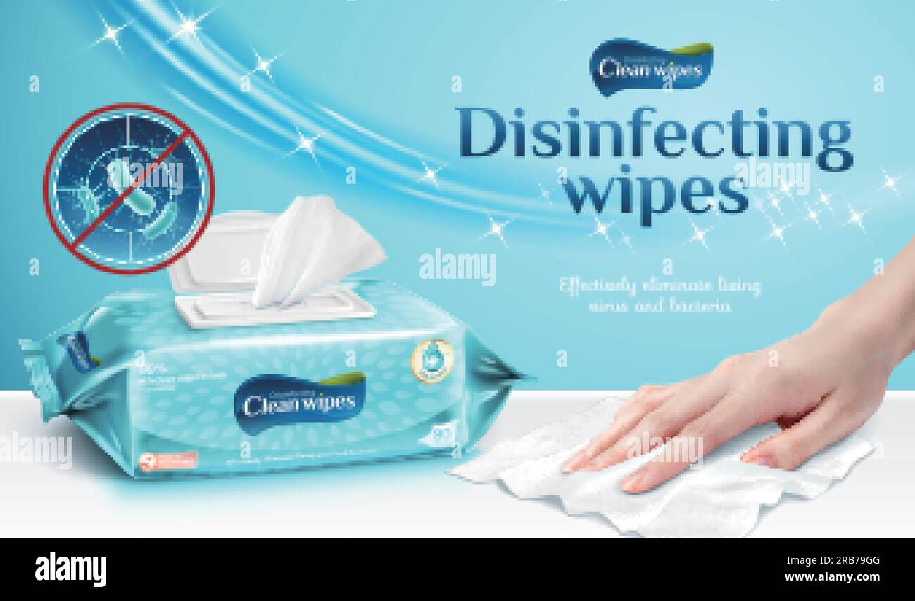 Ad template or package design for cleaning wipes, female hand using wet