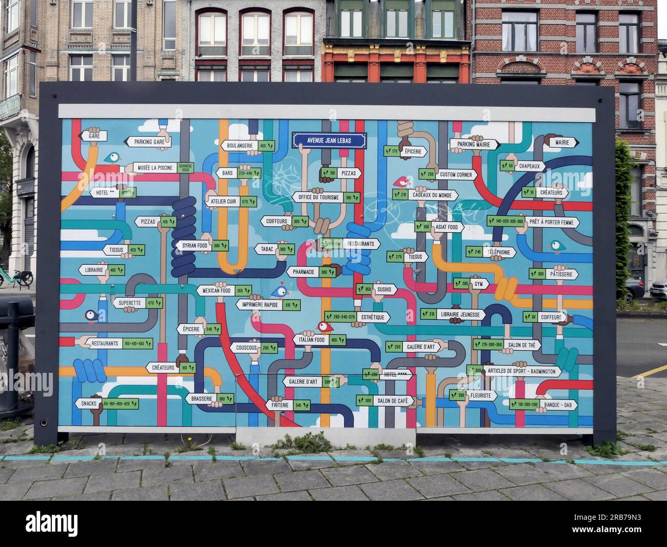 LARGE MULTICOLORED WALKING DISTANCES BOARD FOR SHOPS IN ROUBAIX CITY -SHOPPING MAP -  HAUTS DE FRANCE © photography : F.BEAUMONT Stock Photo