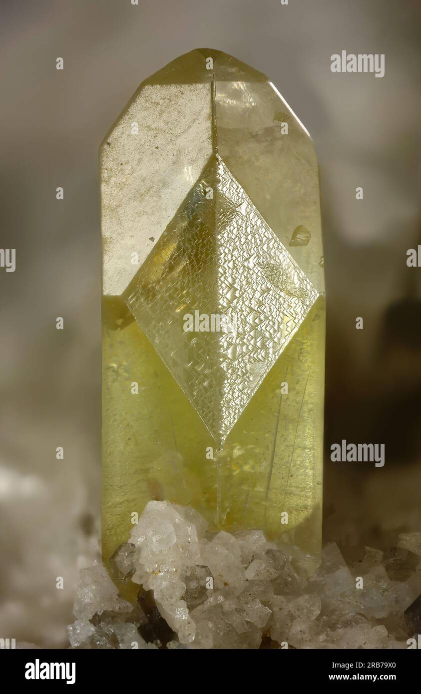 Titanite - Mittersill, Zell am See District, Salzburg, Austria - Twinned yellow-green crystal of Titanite of 5.86 mm. Stock Photo