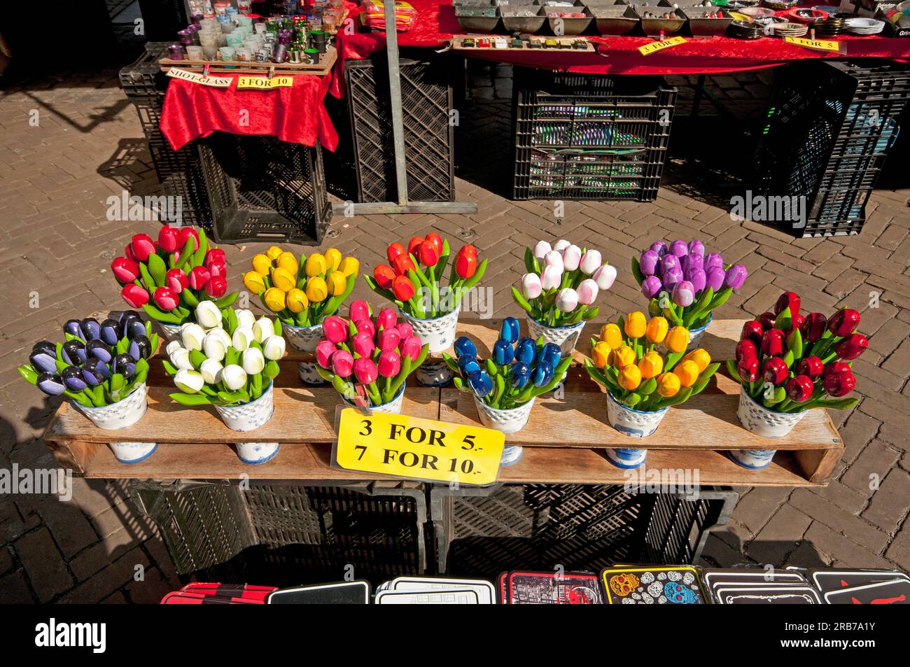 Wooden painted tulips for sale in Nieuwmarkt, Amsterdam, Netherlands Stock Photo