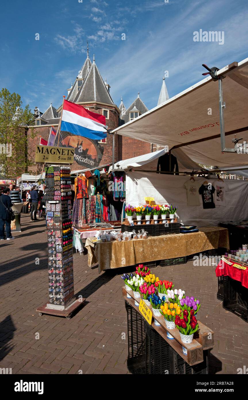 Wooden painted tulips and souvenirs for sale in Nieuwmarkt, Amsterdam, Netherlands Stock Photo
