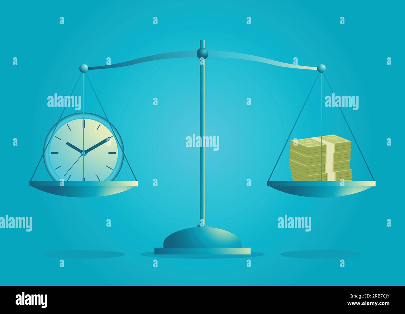 Business concept illustration of a clock and bank notes on scale stock