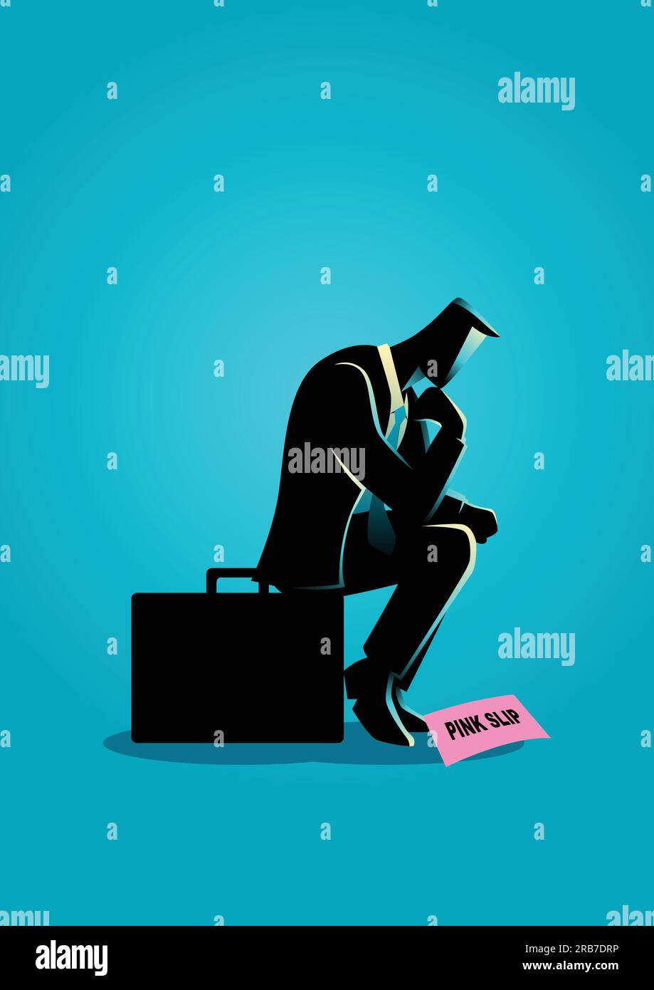 Business concept illustration of a businessman sitting on suitcase sadly because got a pink slip Stock Vector