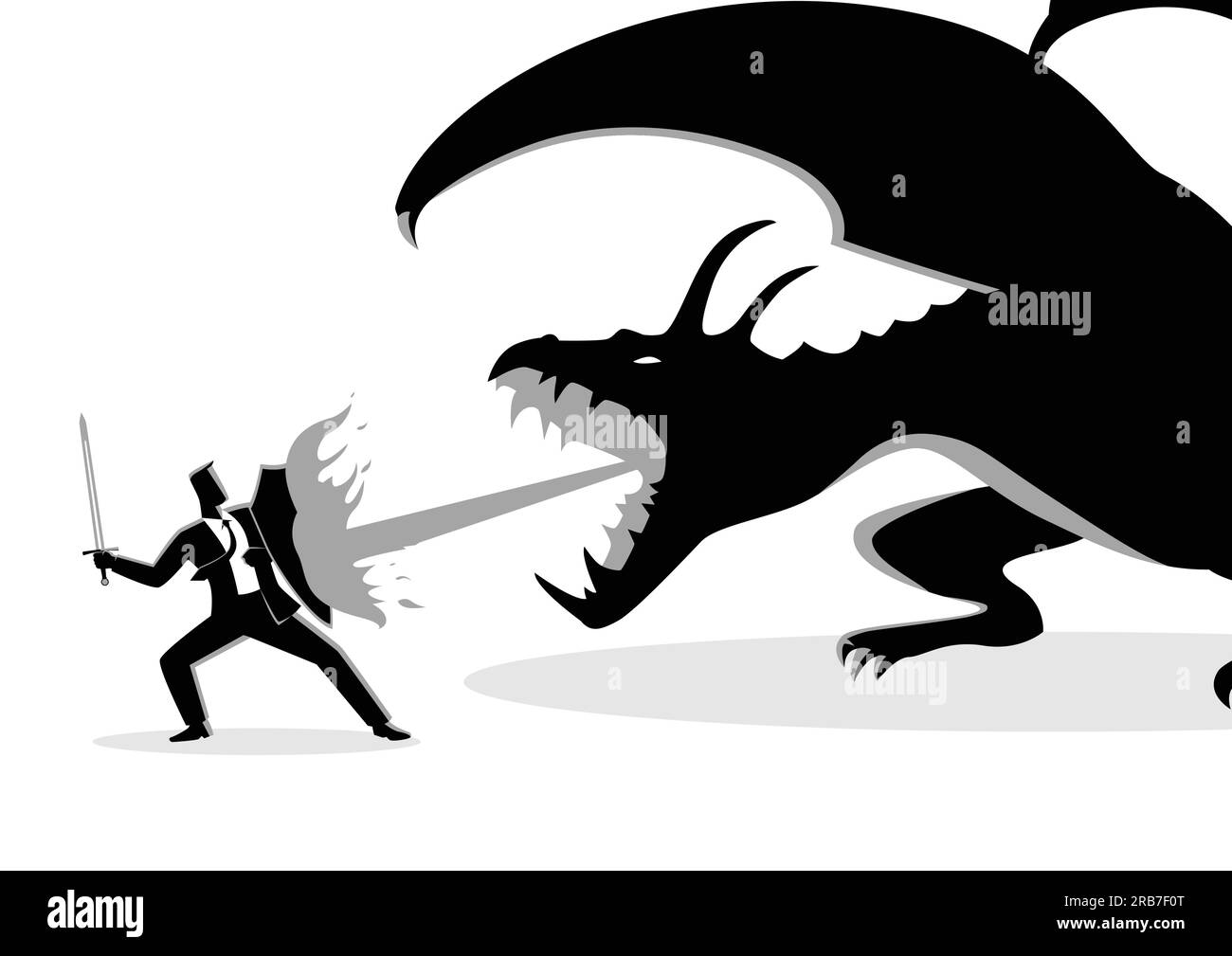Business concept vector illustration of a businessman fighting a dragon. Risk, courage, leadership in business concept Stock Vector