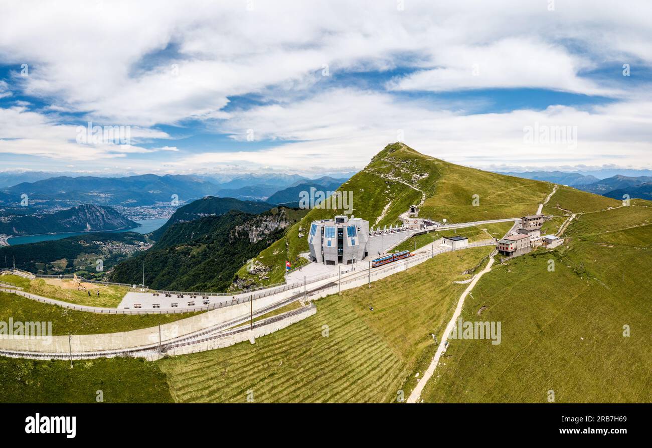Monte Generoso, Switzerland - July 17. 2021: The popular excursion destination on the 1700 m. high monte Generoso with a modern restaurant and diverse Stock Photo