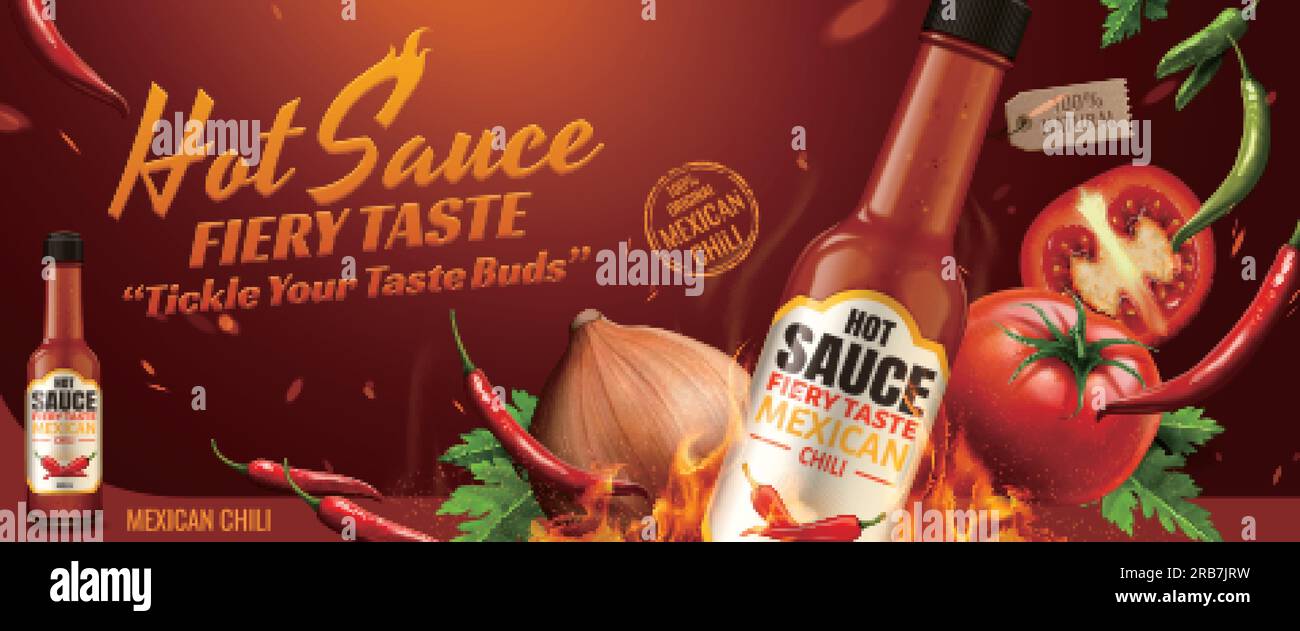 Hot sauce ads with chilli and burning fire effect in 3d illustration